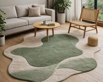 Hand Tufted Rug Sage Green Irregular Rug Abstract Tufted Rug Organic Shape Area Rug Large Rug for Living Room Modern Wavy Rug Custom Rug,