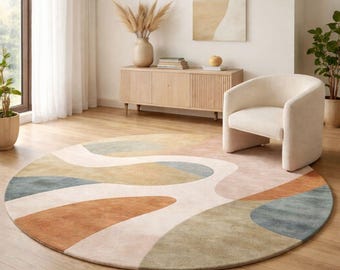 Modern Abstract Round Rug Organic Shape Hand Tufted Carpet Contemporary Circular Area Rug Soft Neutral Floor Decor Premium Handcrafted Rug,