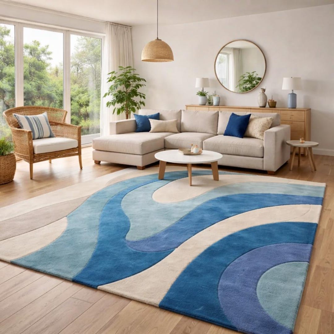 Blue Abstract Wavy Area Rug, Modern Hand Tufted Wool Carpet for Living ...