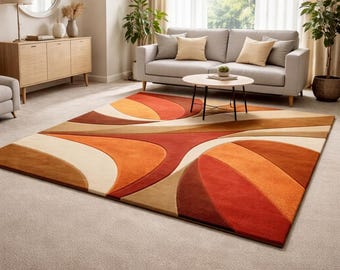 Mid Century Modern Rug, Retro 70s Living Room Rug, Large Abstract Area Rug, Orange Brown Boho Rug, Aesthetic Hand Tufted Rug, Custom Rug