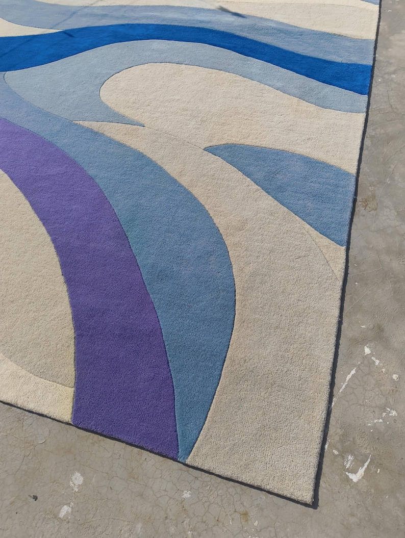 Blue Abstract Wavy Area Rug, Modern Hand Tufted Wool Carpet for Living ...