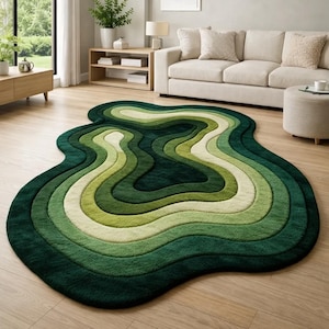 Tapete tufado verde feito à mão, tapete de musgo 3D de formato irregular, tapete ondulado estético para sala de estar, tapete de lã verde-floresta sob medida.