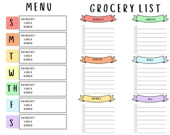 May include: A white printable menu and grocery list. The menu section lists days of the week with space for breakfast, lunch, and dinner. The grocery list has sections for produce, pantry, frozen, meat, drinks, and miscellaneous items.