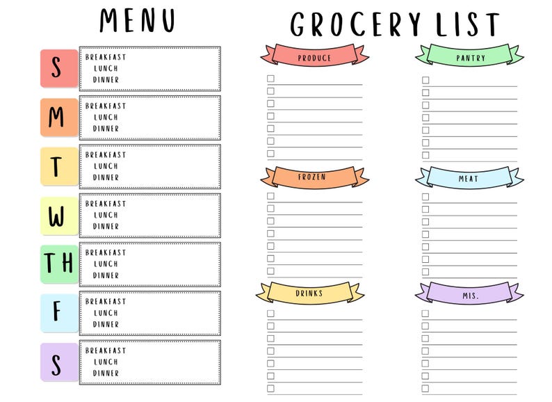 Weekly Meal Planner & Grocery List {printable Menu + Shopping Organizer ...