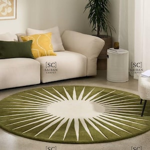 Hand-Tufted Wool Round Rug: Minimalist Sunburst Design, New Zealand Wool