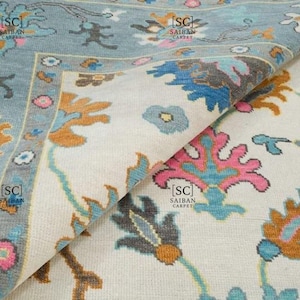 Hand Knotted Oushak Rug: Colorful Wool Carpet, Vintage Turkish Design