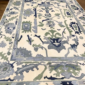 Hand-Knotted Oushak Rug: Blue & Green Floral Wool Carpet