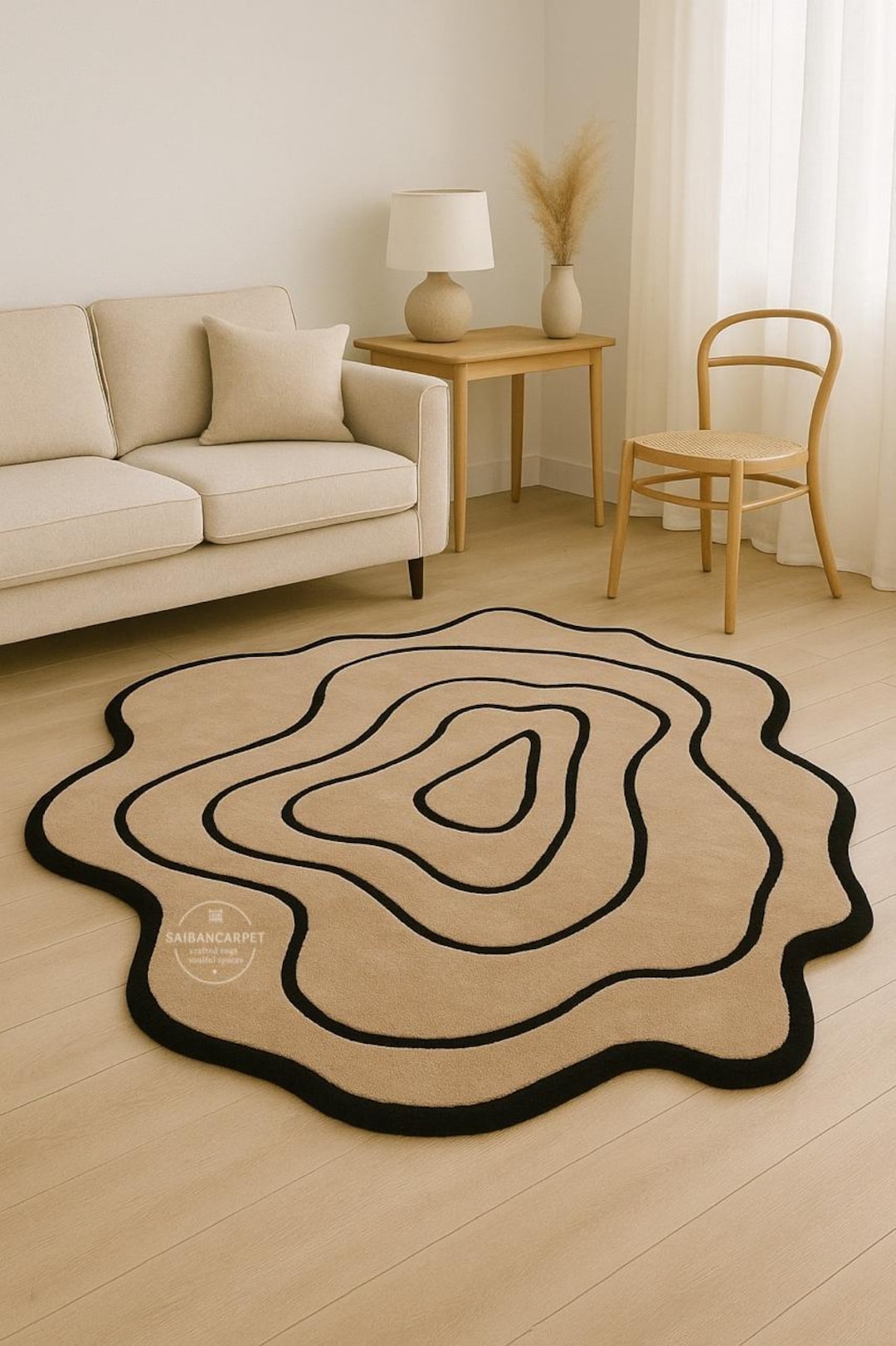 Wavy Edged Rug Hand-tufted Wavy Edge Wool Rug: Beige & Black Modern Carpet for Living ...