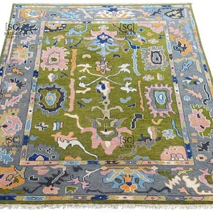 Hand-Knotted Oushak Rug: Olive Green Wool, Blue Details