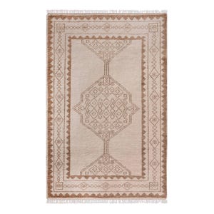 Hand Knotted Oushak Style Wool Rug: Beige Antique Contemporary Design
