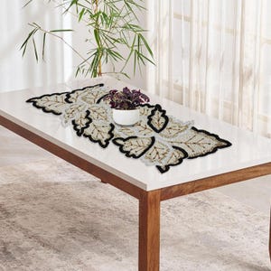Handmad Embroidery Beaded Table Runner for Tabletop, Dining Table Beaded Placemat 36 inches Floral Decorative Placemat Black/Cream/White