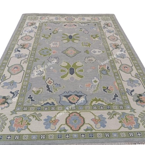 Gray Green Oushak rug Hand Knotted Turkish Wool Carpet Pastel Vintage Floral Area rug for Living Room