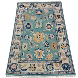 Handmade Oushak Rug Teal Blue Turkish Area Rug Soft Wool Vintage Style Carpet Boho Living Room Decor