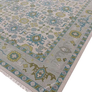 Hand Knotted Oushak Rug 9x12 Light Blue Green Turkish Carpet Vintage Style Wool Area Rug Soft Pastel Large Living Room Decor