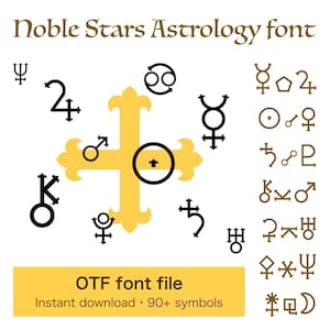 May include: A digital graphic featuring the text "Noble Stars Astrology font" and various astrological symbols in black and gold. The image includes a gold cross shape and a yellow banner with the text "OTF font file" and "Instant download • 90+ symbols."