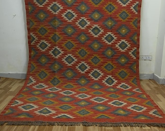 Handmade Wool Jute Kilim Rug, Vintage Aztec Dhurrie, Boho Chic