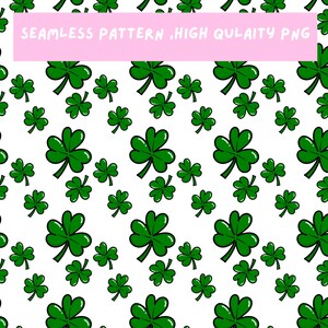 May include: A seamless pattern of green shamrocks on a white backdrop. The shamrocks are of varying sizes and are scattered across the surface. The text "SEAMLESS PATTERN, HIGH QULAITY PNG" is displayed in a pink rectangle at the top.