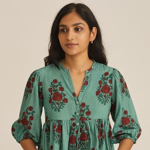 Floral print Block Print Tunic Top, Kyra Top Dress, Mini Dress ,Deep Neck with string closer, Party wear Dress, Summer tops