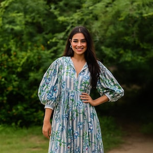 Stripe Midi Dress, Mini Dress, Floral Long Block Print Dress, Deep Neck with string closer, Block Print Dress, Gift for her