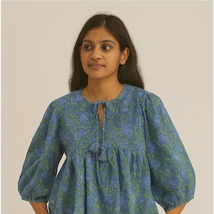 Cotton Block Print Tunic Top, Kyra Top Dress, Mini Dress ,Deep Neck with string closer, Party wear Dress, Summer tops