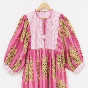 Hand Block Tiger Print Kyra Midi Dress | Boho Cotton Dress | Dress for Women | String Closure Dress | Maxi Dress | Casual Dress