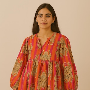Cotton Block Print Tunic Top, Kyra Top Dress, Mini Dress ,Deep Neck with string closer, Party wear Dress, Summer tops