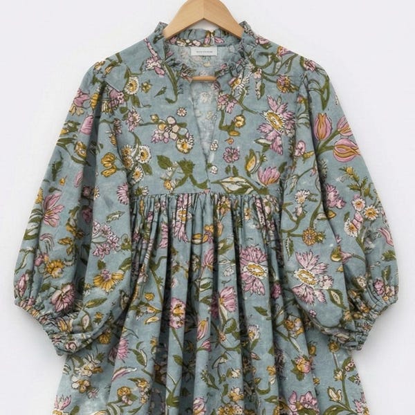 Indian Cotton Block Print Kyra Midi Summer Maxi Boho Maternity Dress for Women