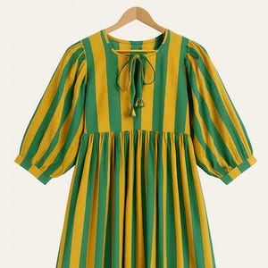 Cotton Stripe Print Fabric Kyra Midi Dress | Bohemian Cotton Dress | Dresses for Women | String Closer Dress