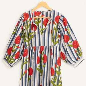 Robe midi grise Kyra en tissu à imprimé floral et bloc | Robe bohème en coton | Robes pour femmes | Robe moulante