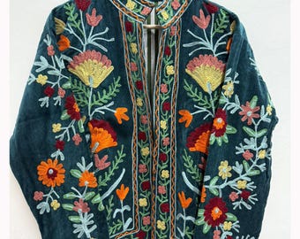 Handmade Velvet Embroidered Jacket | Boho Suzani Floral Coat