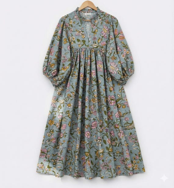 boho summer maternity dress Indian Cotton Floral Block Print Maxi Dress, for Women Color:VISTA BLUE/WHITE beach dress Style:Bikini Tops maxi black long sleeve