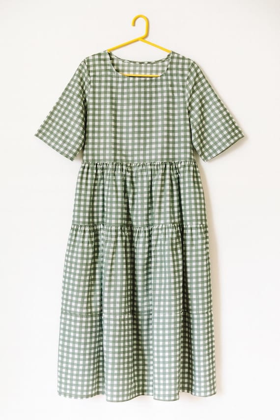 Handmade Green Gingham Cotton Midi Dress – Cottagecore Summer Tunic