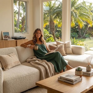 May include: A woman sits on a cream-colored sectional sofa, holding a mug and a book. She wears a green dress. The room has large windows with a view of palm trees. A wooden coffee table and decorative pillows are in the foreground.