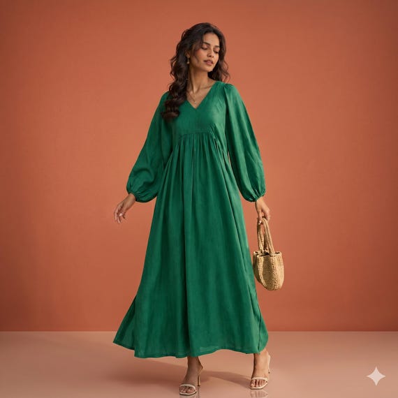 Emerald Green Cotton Linen Maxi Dress for Women, Cottagecore Dress, Boho Long Sleeve Dress, Loose Fit Summer Midi Maxi Dress