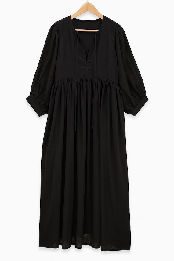 Hand Block Print Cotton Midi Dress | Boho Black Dress