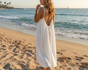 Women Backless Cotton Dress, Spaghetti Strap Dress, Sleevless midi sundress, Vacation outfit, Long Maxi Dress, Open Back Dress, Summer dress