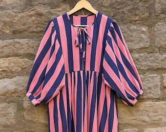 Striped Indian Cotton Midi Dress, Long Sleeve Block Print