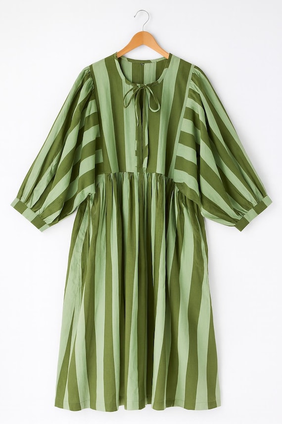 Indian Cotton Striped Midi Dress, Summer Casual Dress