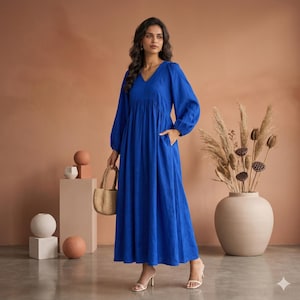 blue long sleeve maternity maxi dress Felicity