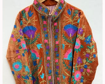 Handmade Velvet Embroidered Jacket | Floral Suzani Boho Coat