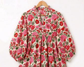 Vestido largo de algodón, vestido de maternidad estilo bohemio Kyra Midi con estampado de bloques para mujer.