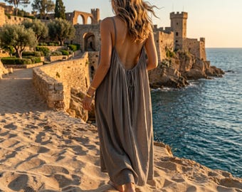 Women Backless Cotton Dress, Spaghetti Strap Dress, Sleevless midi sundress, Vacation outfit, Long Maxi Dress, Open Back Dress, Summer dress