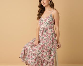 Women Cotton Indian Block Print Spaghetti Strap Dress, Floral Tiered Summer Sundress, Sustainable Slow Fashion