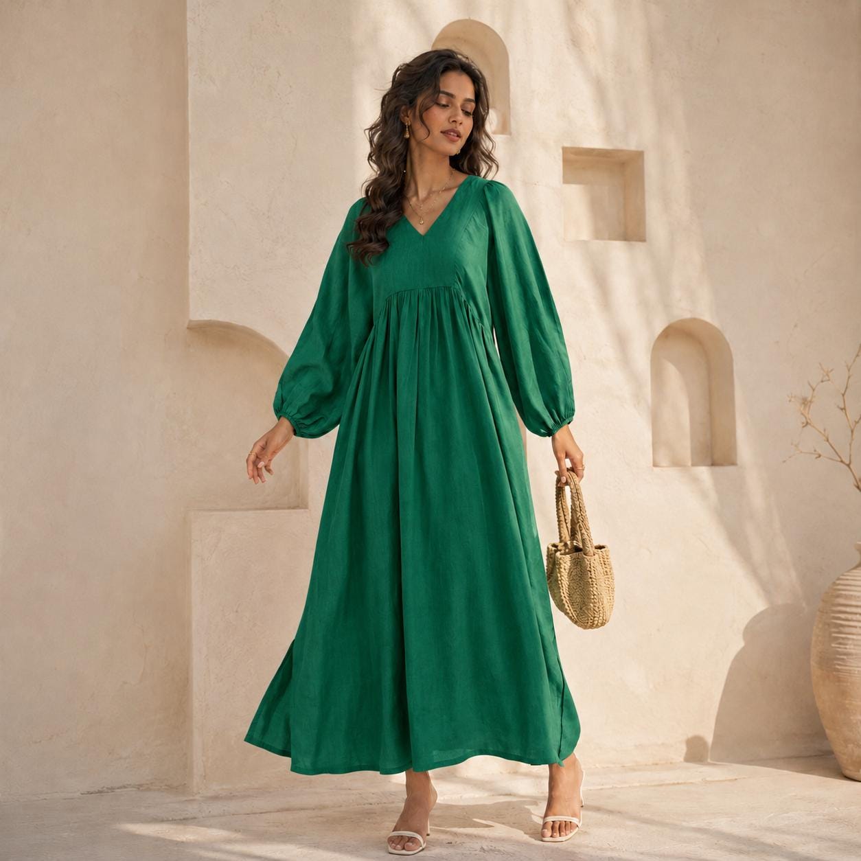 emerald green cotton dress Linen Maxi for Women, Cottagecore Dress, Boho Long Sleeve Dress, Loose Fit Summer Midi Maxi Dress Mermaid Shoe Size (UK):7 sbc-SuitSeparate-Pant Lara Lux Clothing Dress a romantic ruffled neckline