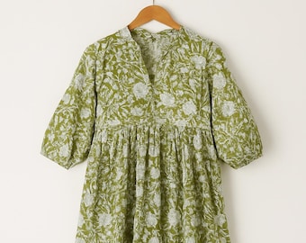 Floral Block Print Cotton Midi Dress, Deep Neck Summer Dress