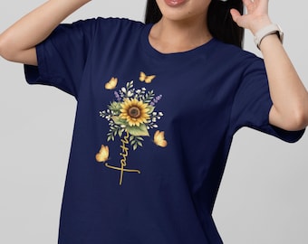 Golden Sunflower Faith Cross Shirt – Christian Floral Tee, Inspirational Gift, Aesthetic Faith Apparel for Women