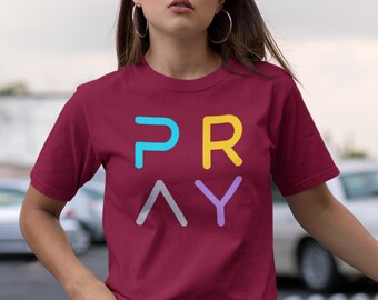 PRAY Christian Tee – Soft Aqua, Gold, Silver & Lavender Faith Shirt for Women, Men, Youth  Bella Canvas 3001