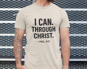 Bold faithwear. ‘I Can. Through Christ.’ tee – empowering, minimal, and purpose-driven streetwear. Phil 4:13