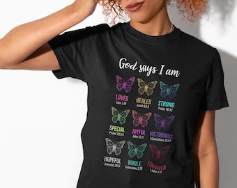 Christian Butterfly Shirt, God Says I Am Shirt, Inspirational Bible Verse Tee, Geometric Neon Graphic, Faith T-Shirt, Trendy Christian Gift