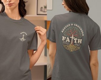 Rooted in Faith Comfort Colors Shirt, Christian Tree Cross Tee, Modern Bible Verse T-Shirt, Inspirational Religious Gift for Women & Men